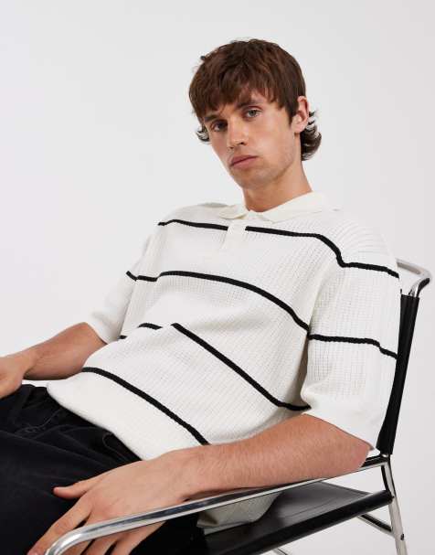 Redefined Rebel felix oversized knitted striped button up polo shirt in white - view 1
