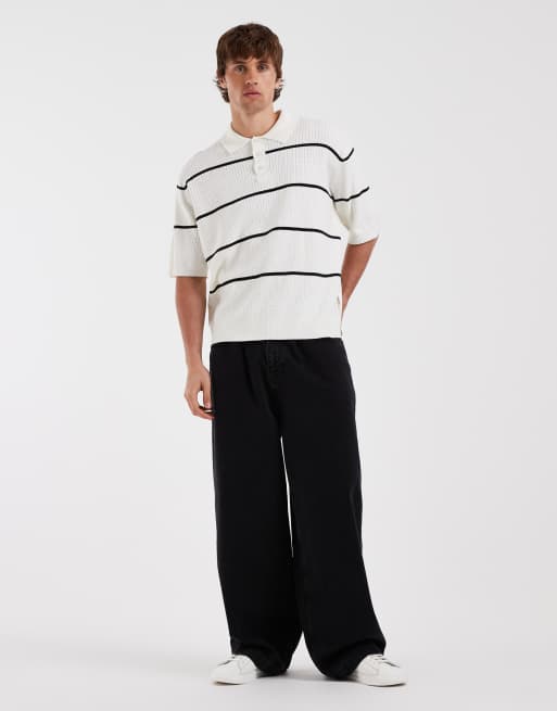 Redefined Rebel felix oversized knitted striped button up polo shirt in white, 2 of 5