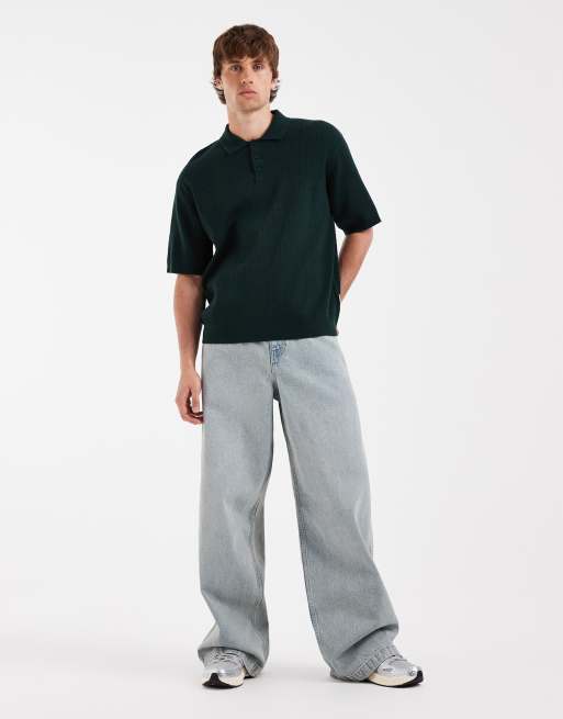 Redefined Rebel Felix oversized stickad pikétröja med knappar i mörkgrönt, 2 av 5