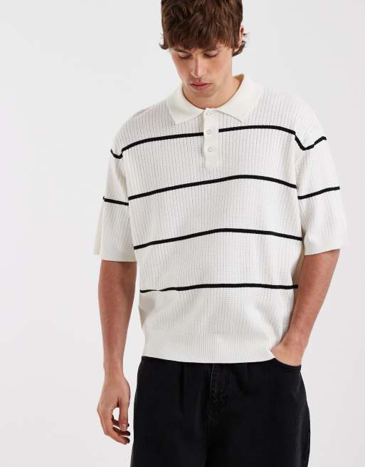 Redefined Rebel – Felix – Vit, randig, stickad pikétröja i oversize med knäppning, 3 av 5