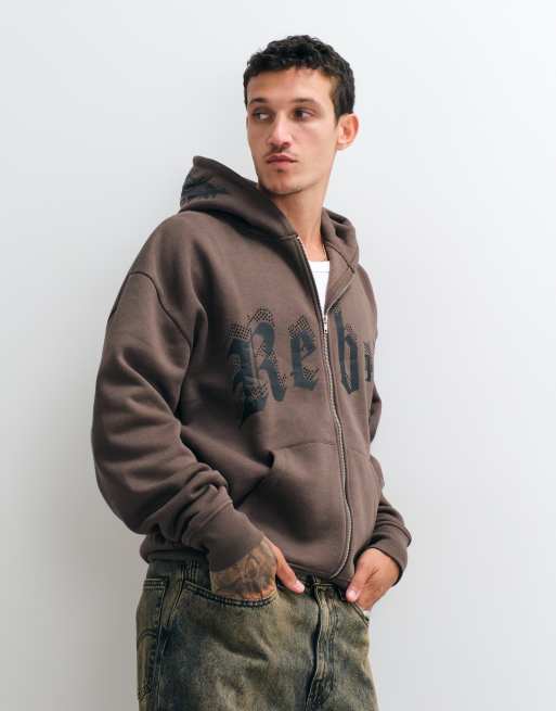 Redefined Rebel felpa con cappuccio oversize con strass decorativi marrone, 4 di 5