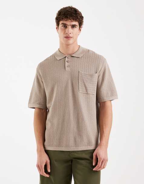 Redefined Rebel Fernando boxy fit short sleeve textured polo shirt in beige - view 1
