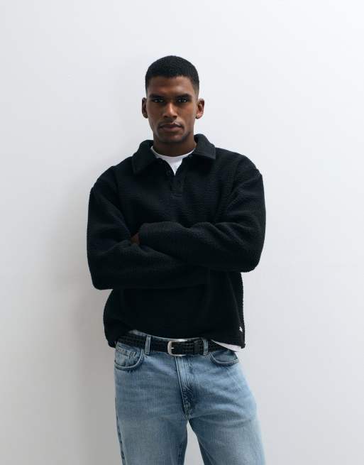 Redefined Rebel - Gabriel - Sudadera negra de corte cuadrado con cuello tipo polo, 1 de 5