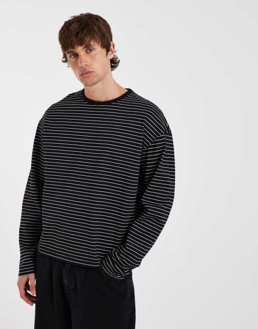 Redefined Rebel – Gestreiftes, langärmliges Oversize-Shirt in Schwarz, 3 von 5