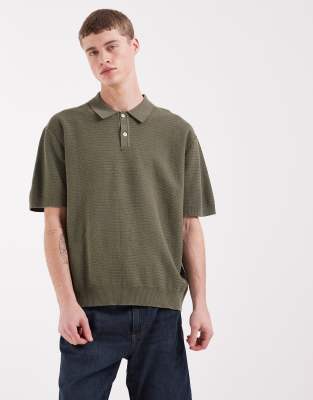 Redefined Rebel Izan boxy fit short sleeve knit polo in olive