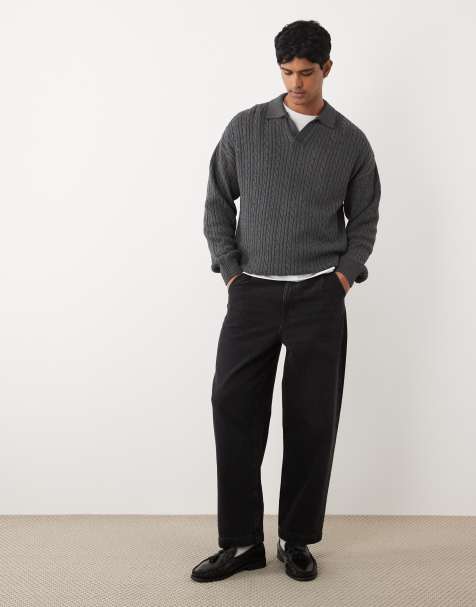Redefined Rebel - Jared - Maglione oversize lavorato a trecce grigio antracite con colletto aperto - view 1