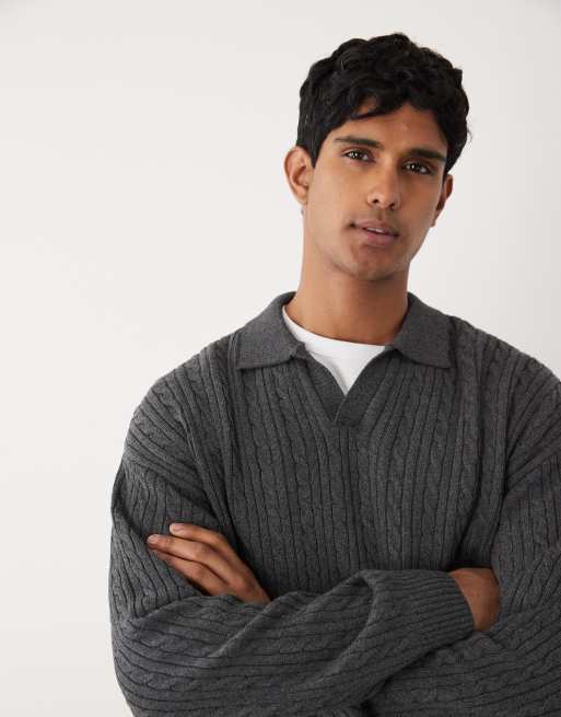 Redefined Rebel - Jared - Oversized gebreide trui met open kraag en kabels in antracietgrijs, 2 van 5