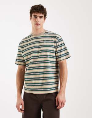 Redefined Rebel Jed boxy oversized fit short sleeve stripe tee in vintage khaki