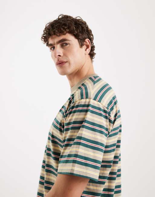 Redefined Rebel Jed boxy oversized fit short sleeve stripe tee in vintage khaki, 4 of 5
