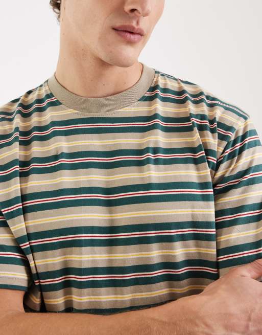 Redefined Rebel Jed boxy oversized fit short sleeve stripe tee in vintage khaki, 5 of 5