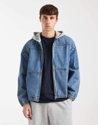 Redefined Rebel John oversized denim hooded jacket in mid blue