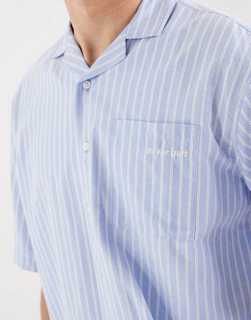 Redefined Rebel Kabir oversized fit short sleeve stripe shirt in light blue, 5 of 5