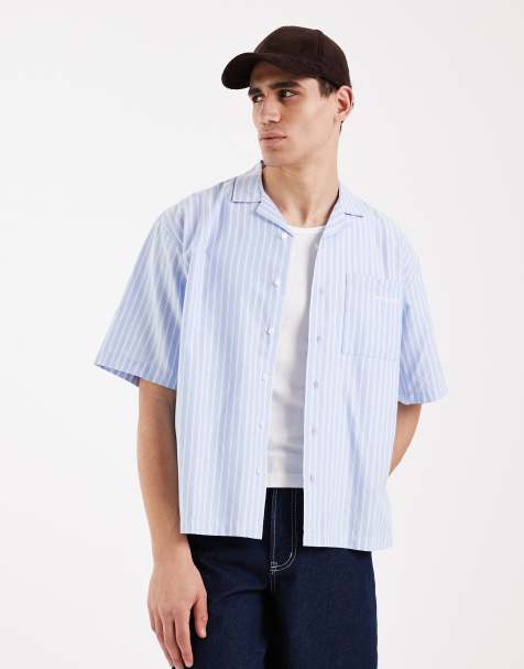 Redefined Rebel - Kabir - Oversized gestreept overhemd met korte mouwen in lichtblauw - view 1