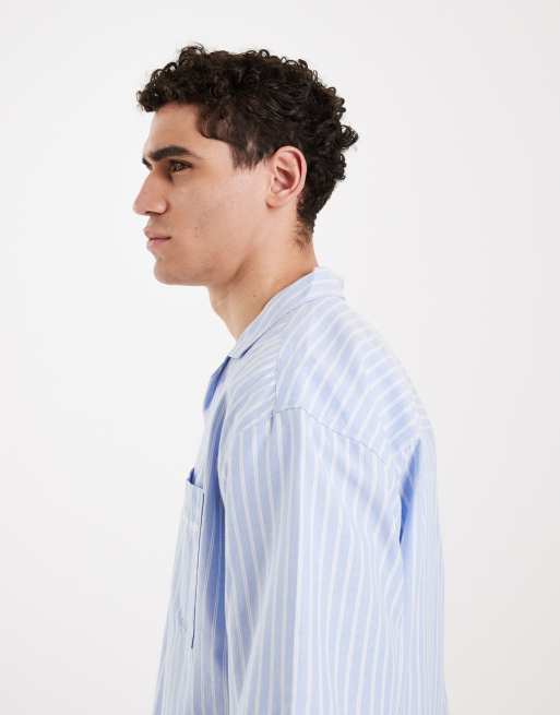 Redefined Rebel - Kabir - Oversized gestreept overhemd met korte mouwen in lichtblauw, 4 van 5