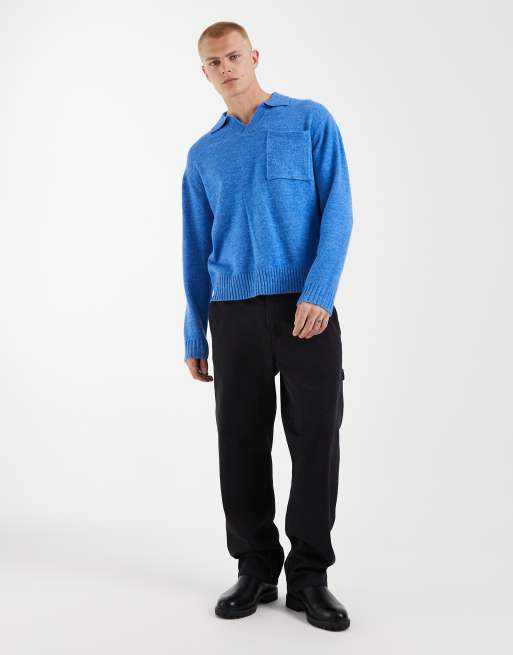 Redefined Rebel – Kastiger Oversize-Strickpullover in Blau mit V-Ausschnitt und Kragen, 4 von 5