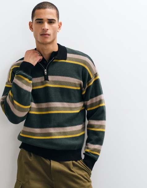 Redefined Rebel kelce stripe knit polo shirt in beige