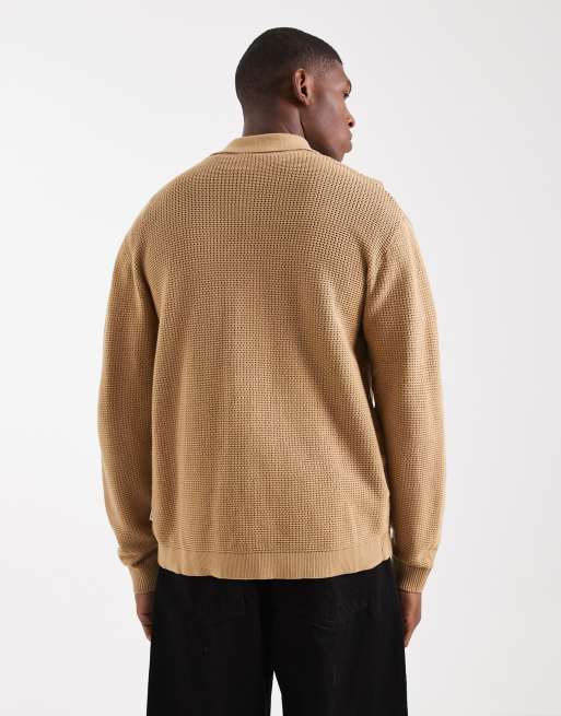 Redefined Rebel knit button up polo cardigan in beige, 3 of 5
