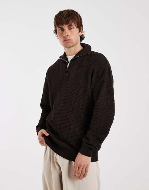 Redefined Rebel knitted quarter zip sweatshirt in brown  - view 1