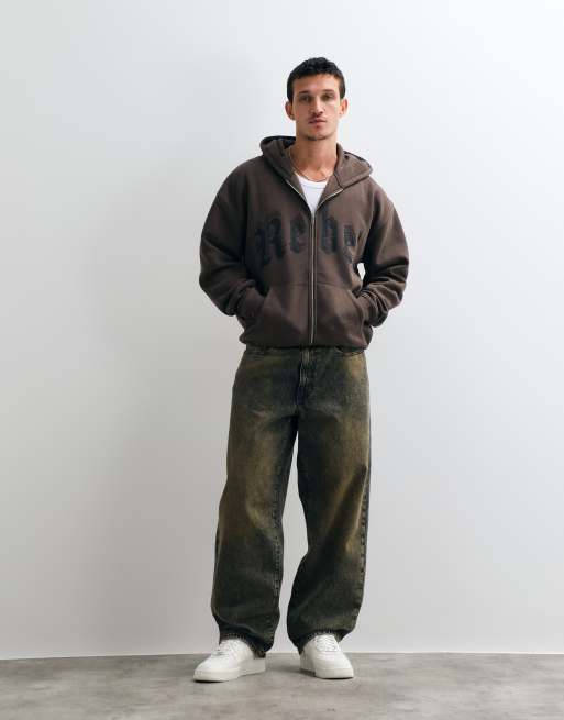 Redefined Rebel oversized huvtröja med strassdetaljer i brunt, 3 av 5