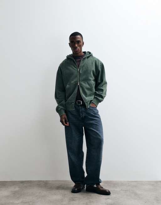 Redefined Rebel oversized washed zip through hoodie in green, 2 of 5