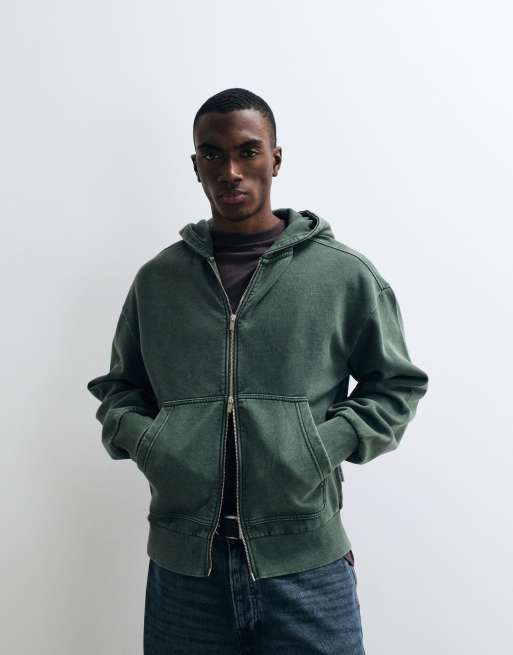 Redefined Rebel oversized washed zip through hoodie in green, 3 of 5