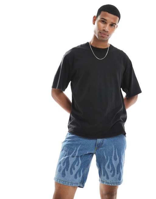 Redefined Rebel - Pantaloncini di jeans lavaggio blu con dettagli effetto fiamma