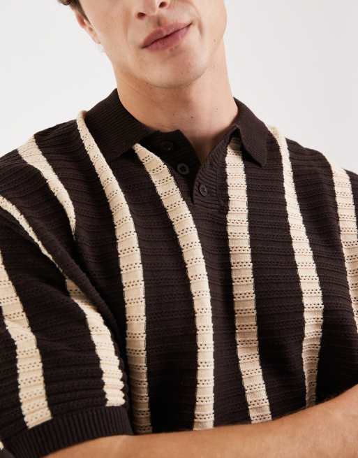 Redefined Rebel – Pau – Kaffebrun, randig, stickad pikétröja med boxig passform och korta ärmar, 5 av 5