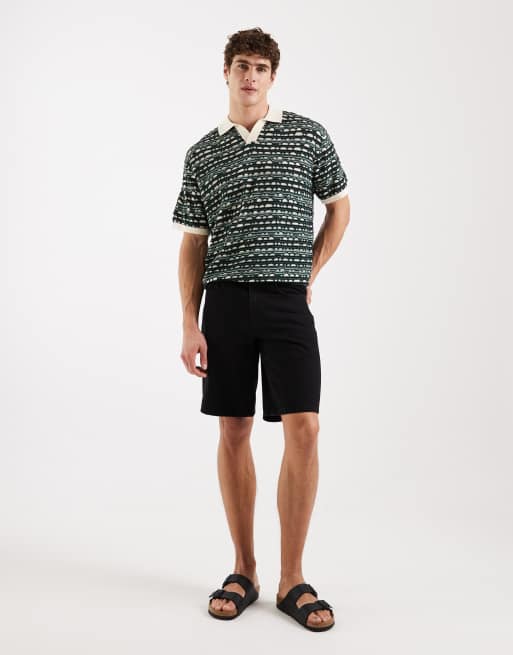 Redefined Rebel Rayan boxy fit short sleeve textured knit polo shirt in green multi, 2 of 5
