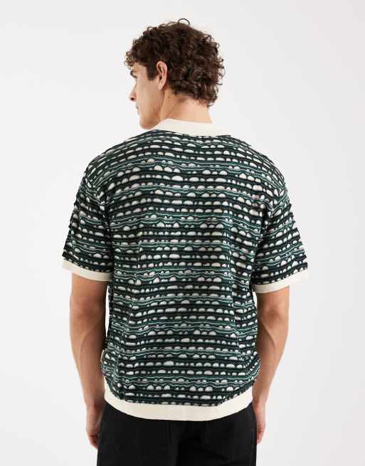 Redefined Rebel Rayan boxy fit short sleeve textured knit polo shirt in green multi, 3 of 5