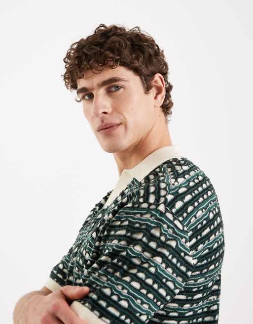 Redefined Rebel Rayan boxy fit short sleeve textured knit polo shirt in green multi, 4 of 5