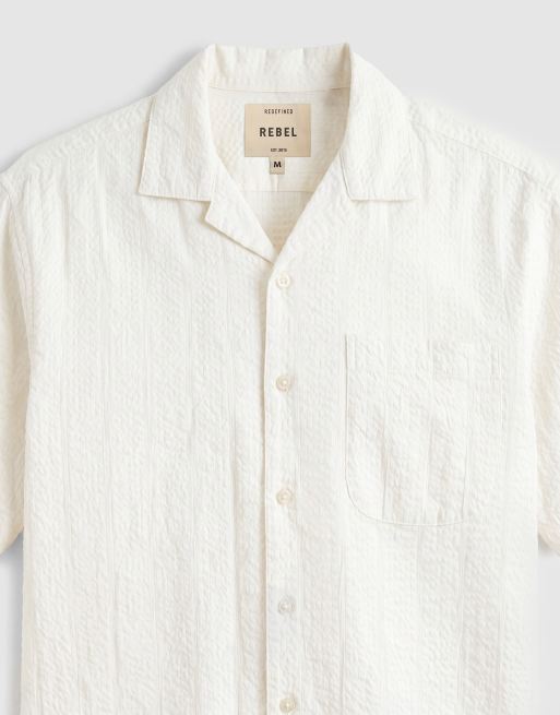 Redefined Rebel Shai boxy fit short sleeve textured seersucker shirt in white, 9 of 9