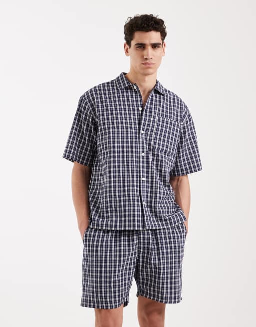 Redefined Rebel - Blåt og multifarvet sæt med oversized skjorte og shorts med tern, 2 af 3