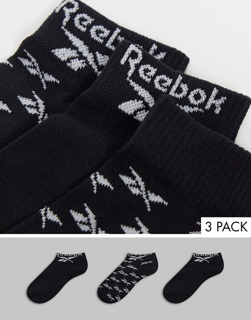 Reebok 3 pack logo ankle socks in black