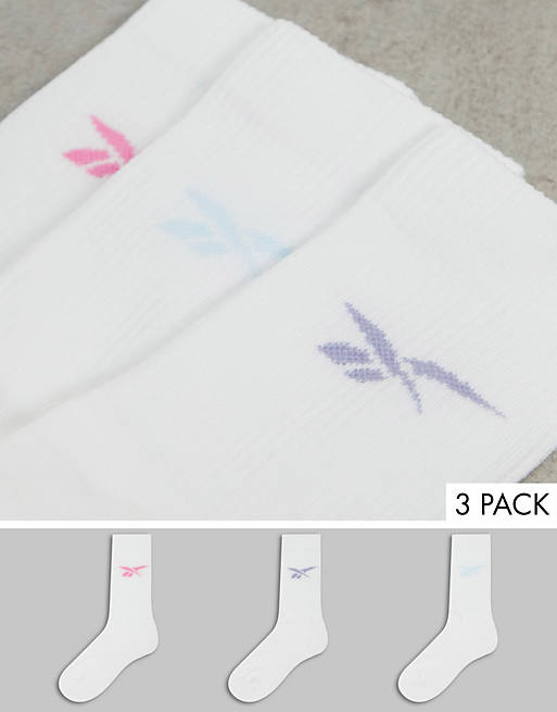 Reebok 3 pack logo crew socks in white and pastel