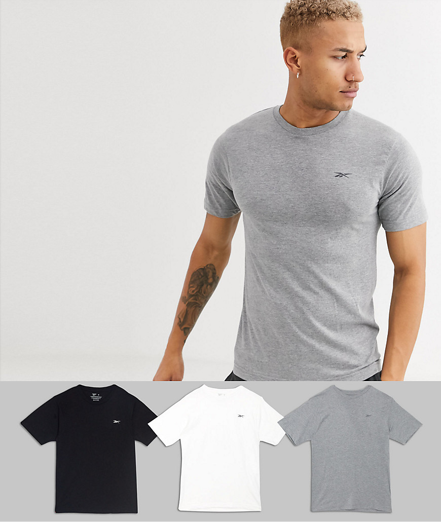 Reebok 3 pack t-shirts in black grey & white-Multi