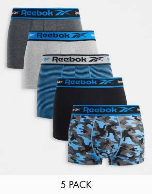 Reebok Reebok 5 pack ramses trunks in black and blue