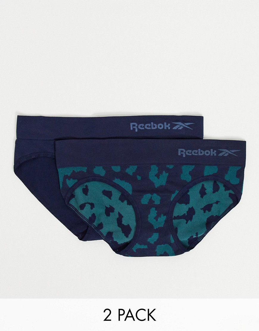 Reebok - Adda - Set van 2 naadloze onderbroeken in marineblauw met luipaardprint