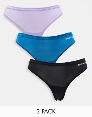 Reebok agatha 3 pack thong in black, lilac and steely blue