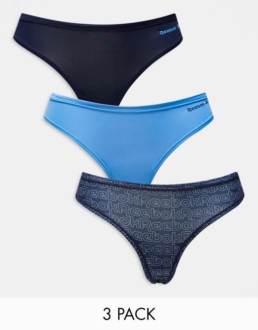 Reebok Aggie 3 pack lingerie thongs in navy and blue mix