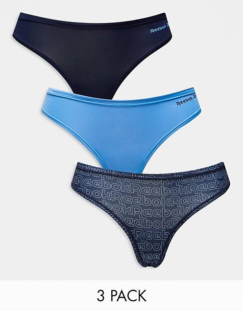 Reebok Aggie 3 pack thongs in navy and blue mix