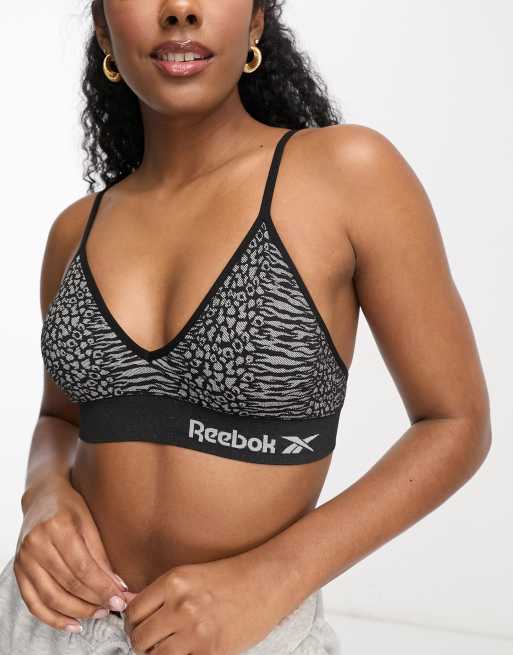 Reebok – Anthia – Nahtloser Triangel-BH aus Jacquard mit Animal-Print in Grau und Schwarz