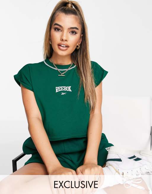 Reebok basketball drop shoulder crop top with raw hem in green exclusive to ASOS