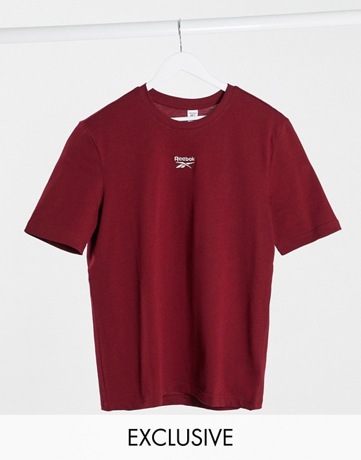 Reebok boyfriend fit t-shirt with central logo in burgundy exclusive to ASOS