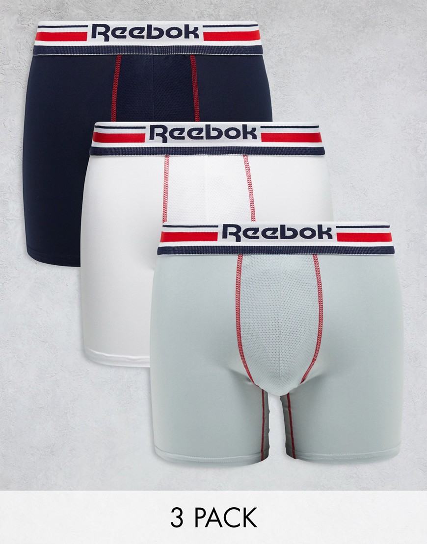Reebok Brogan 3 pack sports trunks in navy white and grey
