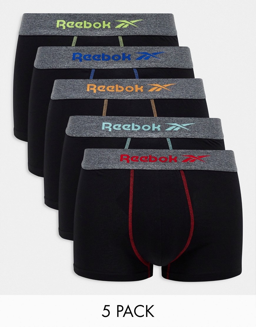 Reebok Buchan 5 pack sports trunks with contrast stitching in black multi