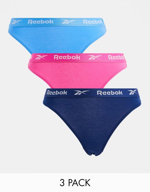 Reebok – Carina – Zestaw 3 par stringów w kolorach niebieskim i różowym