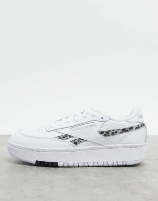 reebok classic club c double sneakers in white with leopard print detail