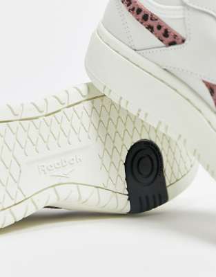 reebok classic club c double sneakers in white with leopard print detail