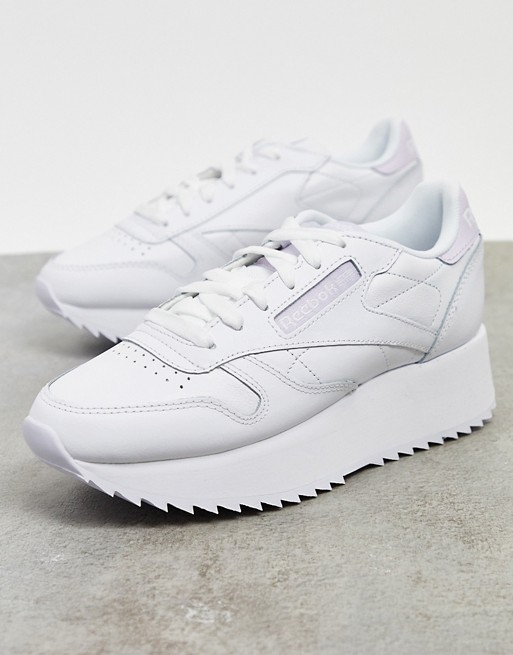 Reebok Classic Leather Double trainers in white with lilac heel tab