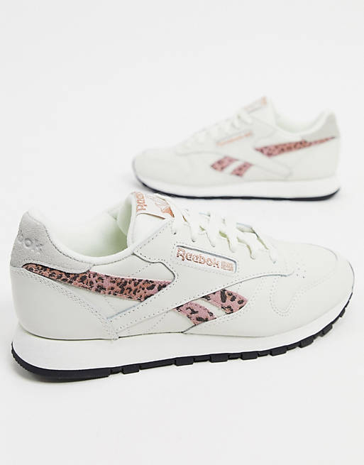 lesson Compliance to fringe Reebok Classic leather sneakers in chalk with leopard print detailing | ASOS